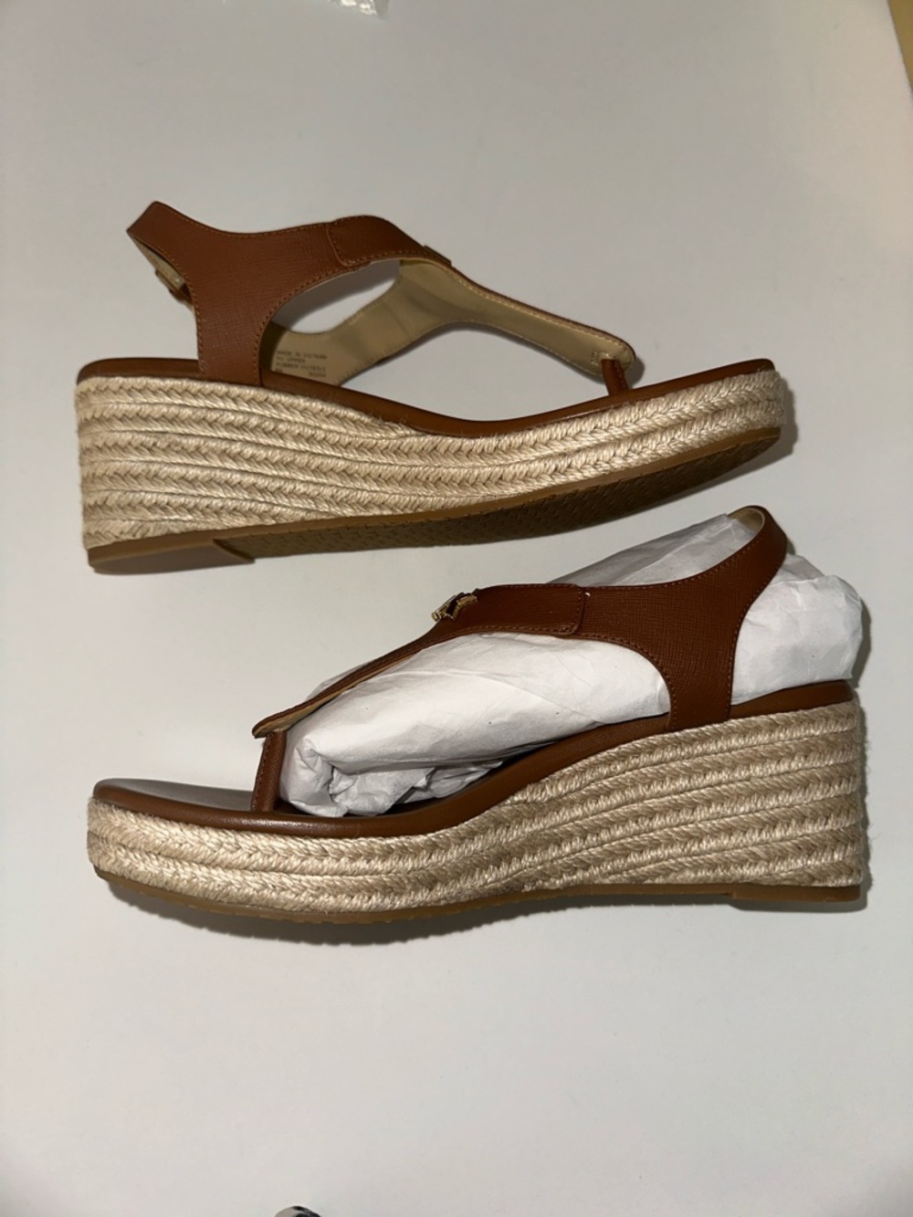 Michael Kors “Laney” brown vegan leather jute thong MK logo wedge sandals 8 - Picture 6 of 8